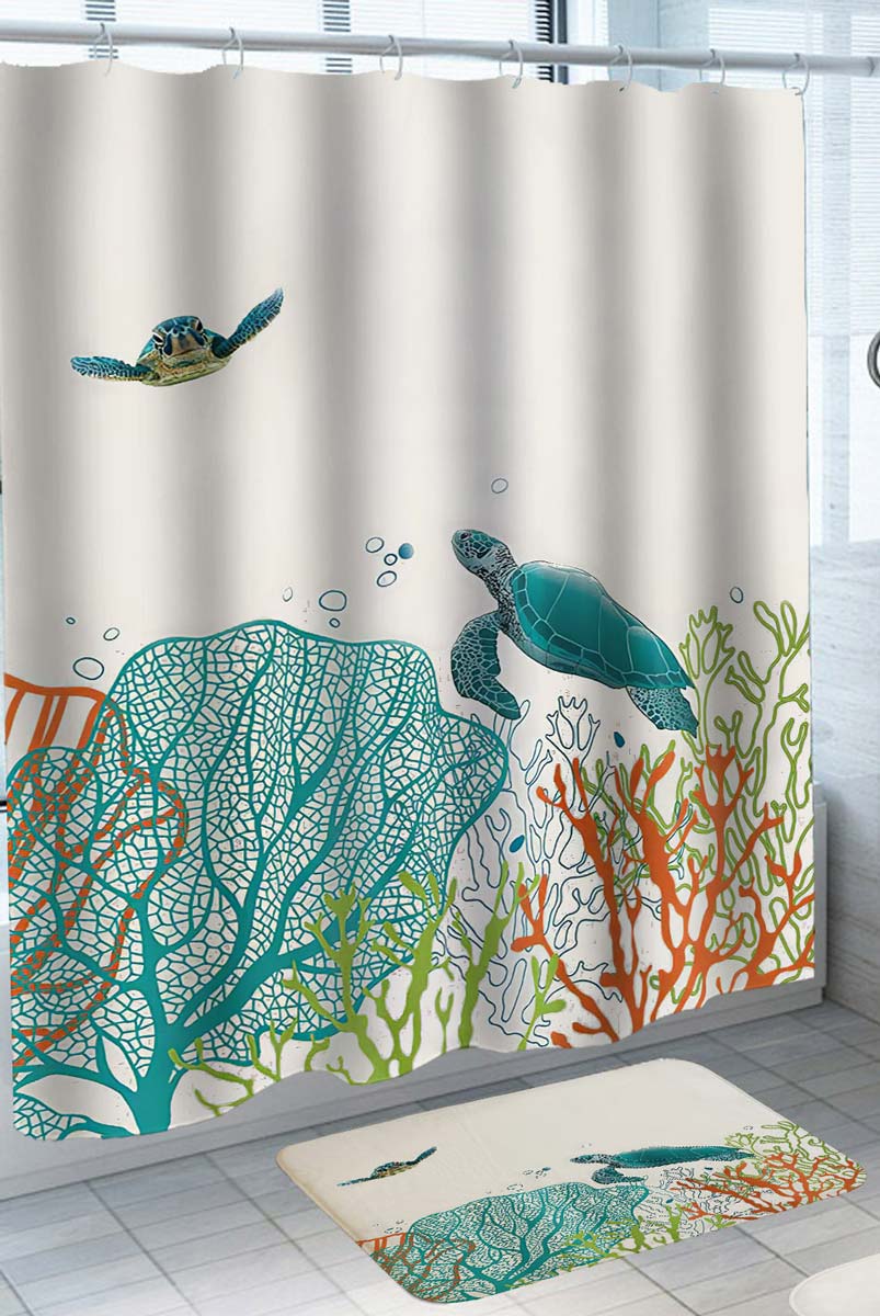 Turtles in Coral Drawing Shower Curtains