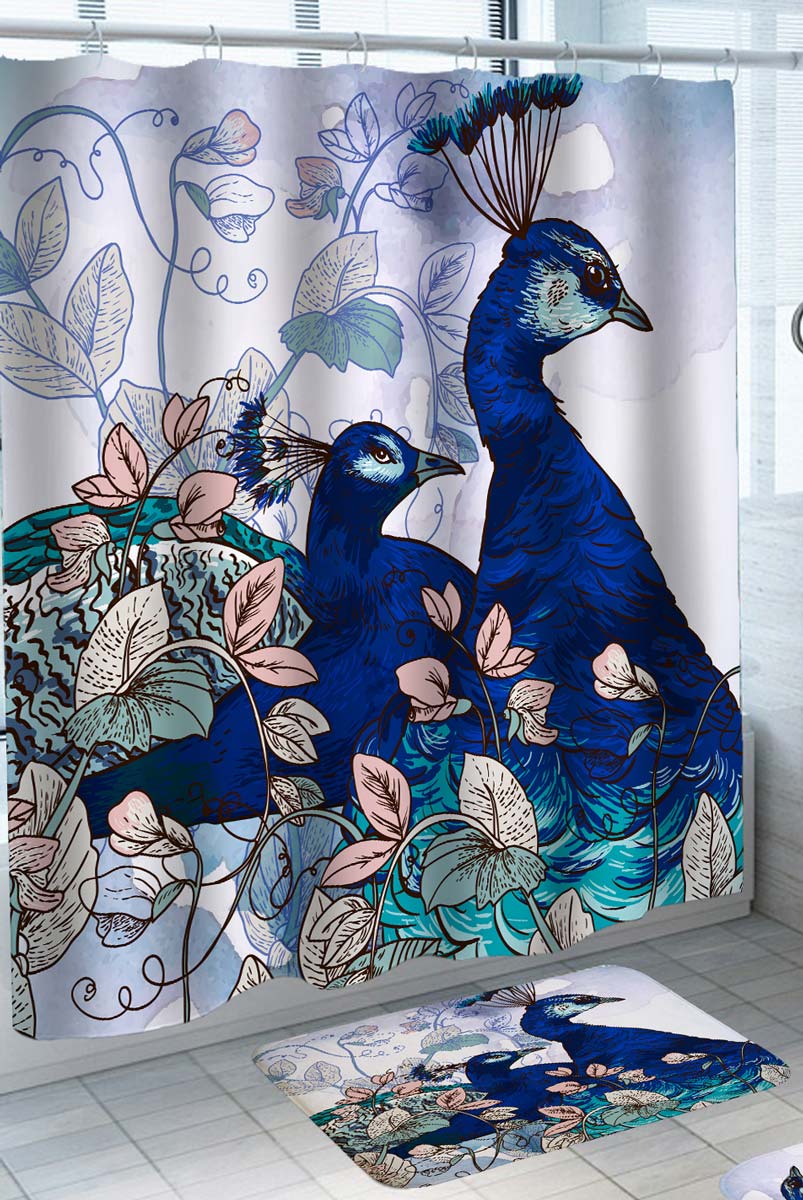 Two Blue Turquoise Peacocks Shower Curtain