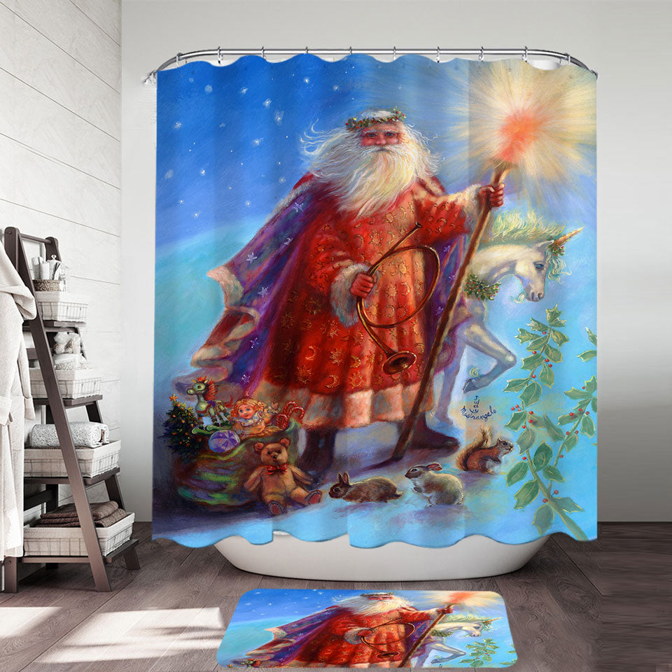 Vintage Christmas Shower Curtain Painting Santa and Unicorn