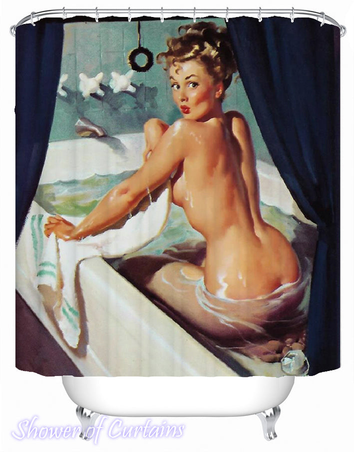 Vintage shower curtains painting - Bath Tub Lady