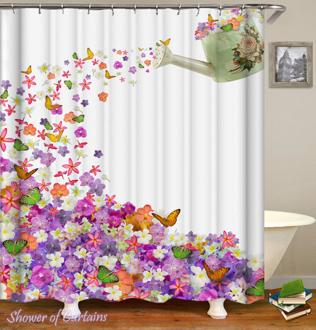 Watering Flowers And Butterflies Can a Colorful Shower Curtains