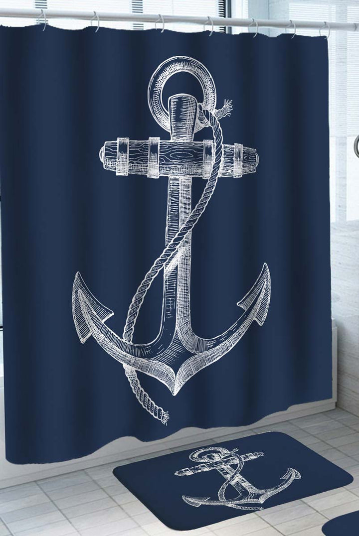 White Anchor Shower Curtain Drawing over Blue