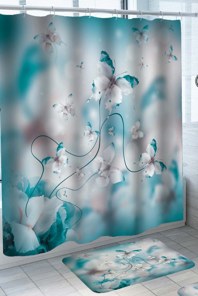 White Blue Butterflies Shower Curtain
