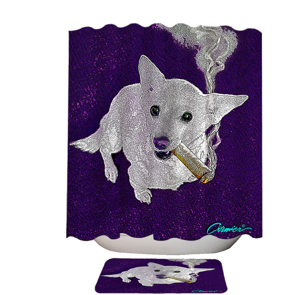 White Purple Artistic Drawing Smoking Dog Shower Curtain
