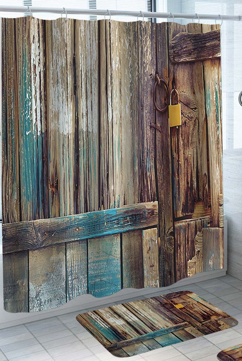 Worn Out Blue Wooden Wall and Door Rustic Shower Curtains
