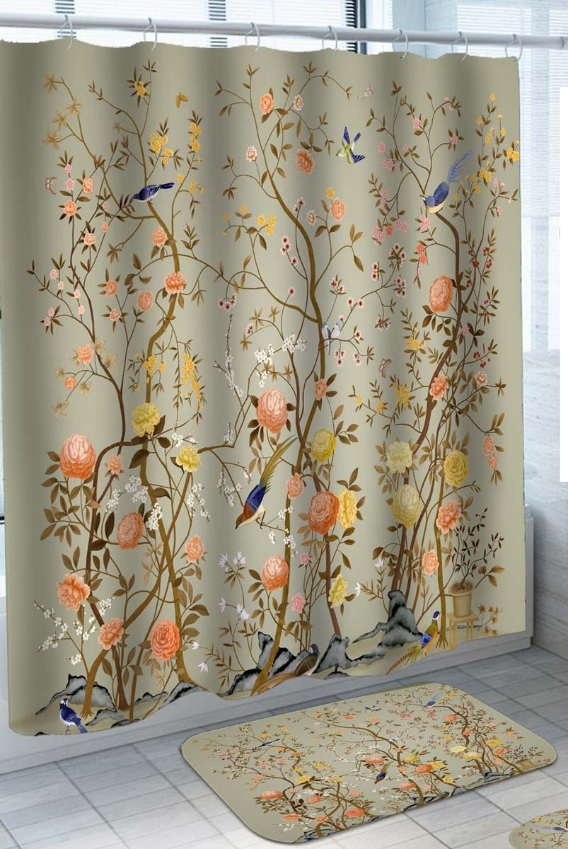 Yellow Orange Flowers and Birds Shower Curtain