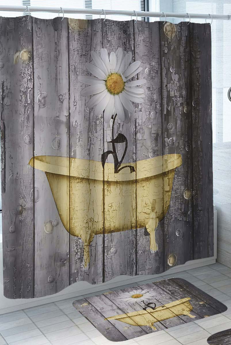 Yellow Tub and Daisy Flower Shower Curtain