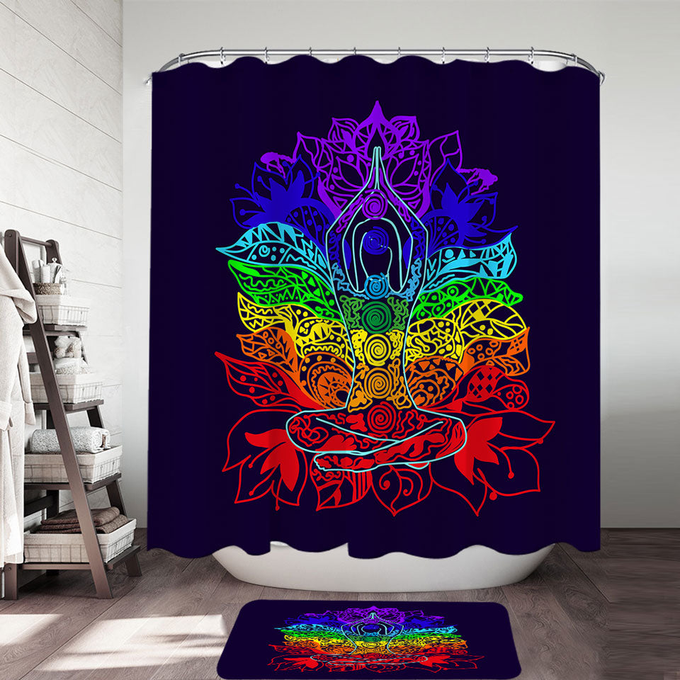 Yoga Shower Curtain with Spiritual Multi Colored Oriental Flowers