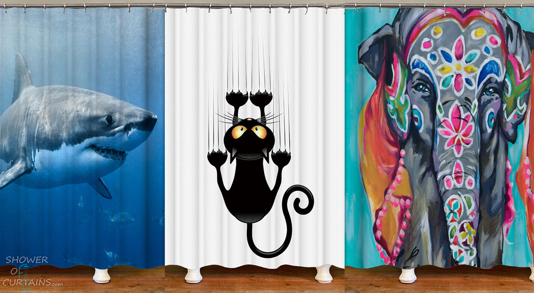 Animal Shower Curtain - Shark Cat Elephant Shower Curtain