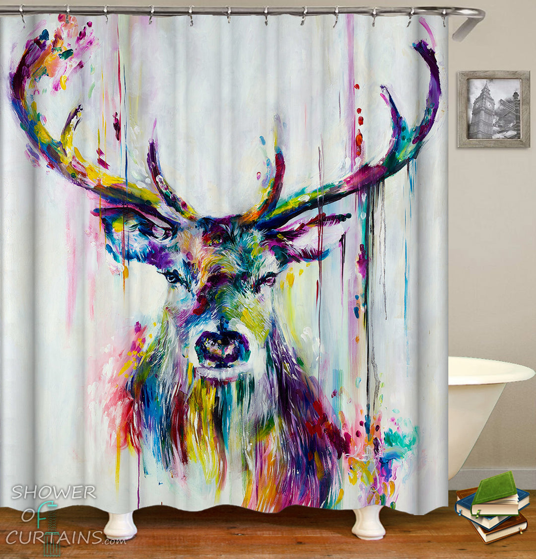 Deer Shower Curtain - Deer Head Colorful Art Painting Deer