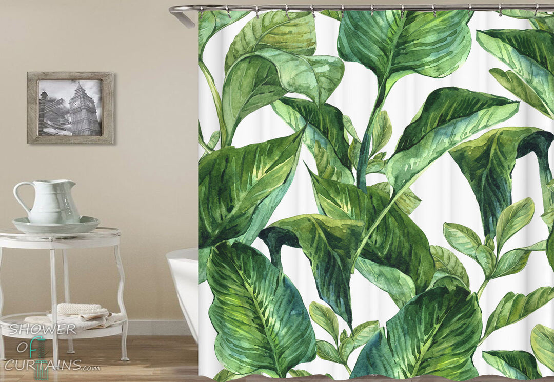 Leaves Shower Curtain - Tropical Themed Bathroom Decor
