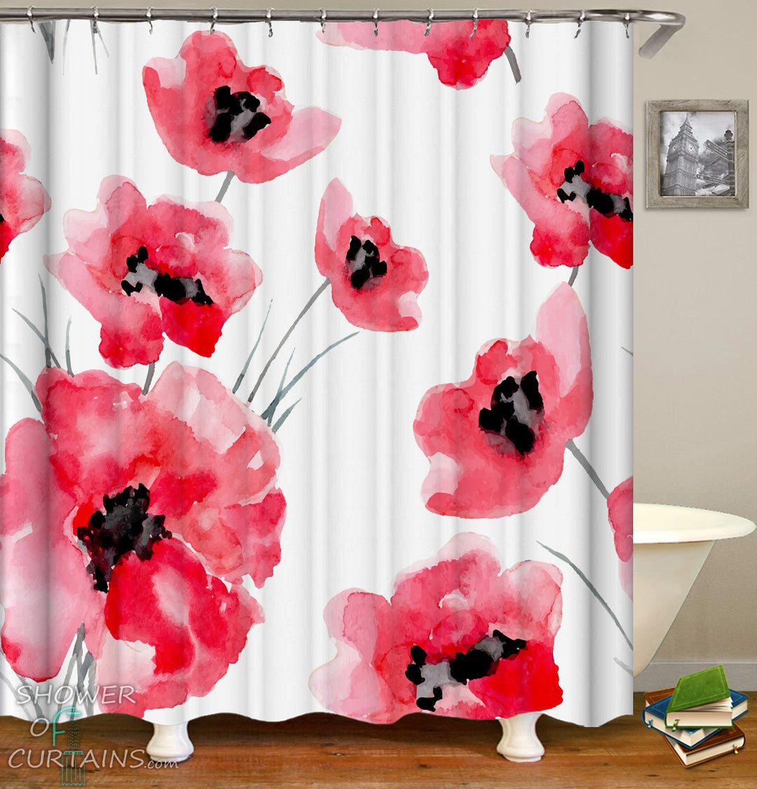 Red Shower Curtain - Red Flower Shower Curtains