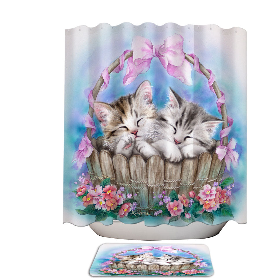 Adorable Shower Curtains with Kittens Peaceful Dream Cats in Basket
