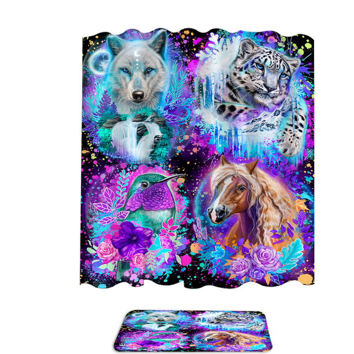 Animal Shower Curtains Wolf Horse Leopard Hummingbird Animal Collage