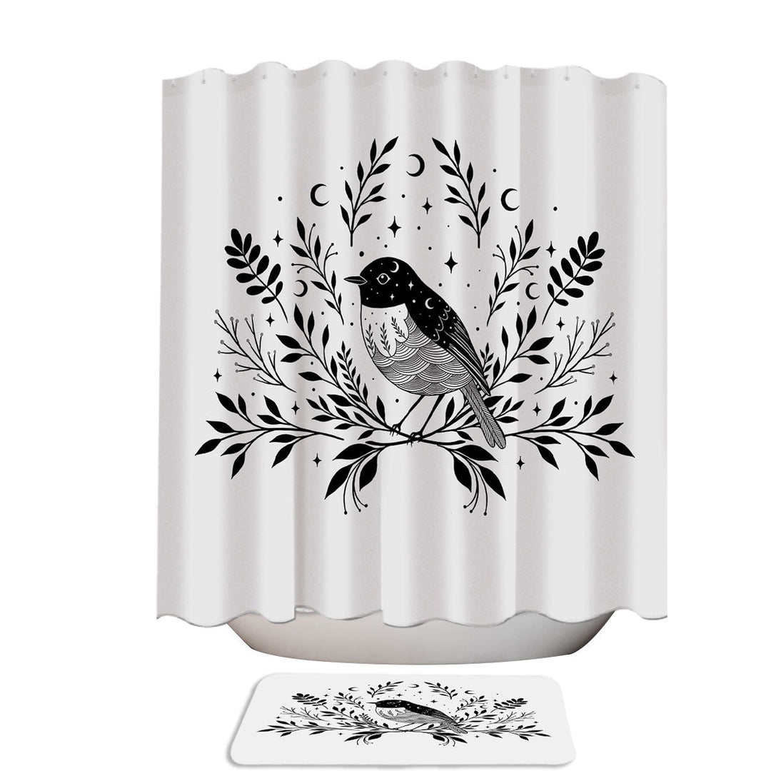 Black and White Bird with Leaves and Moon Shower Curtains