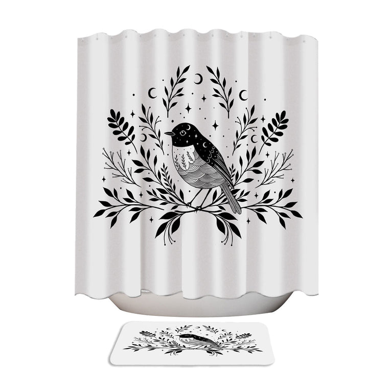 Black and White Bird with Leaves and Moon Shower Curtains
