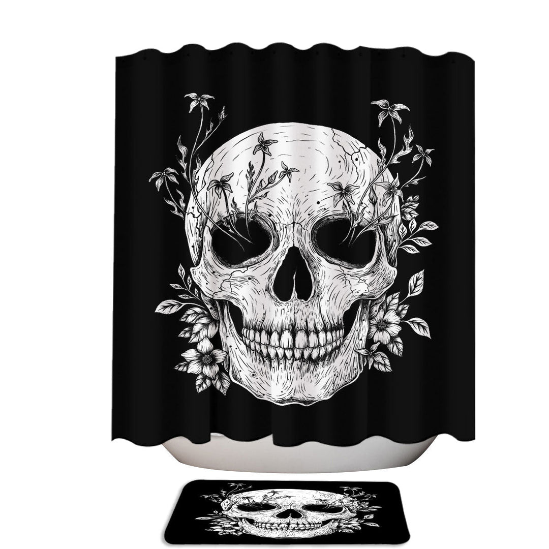 Black and White Floral Skull Stall Shower Curtain