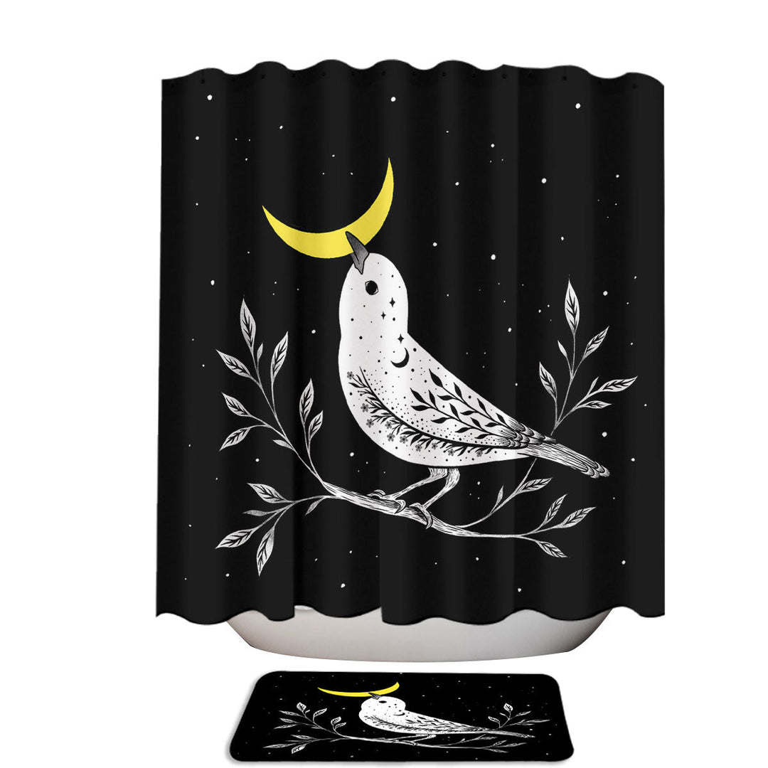Black and White Moon Bird Fabric Shower Curtain