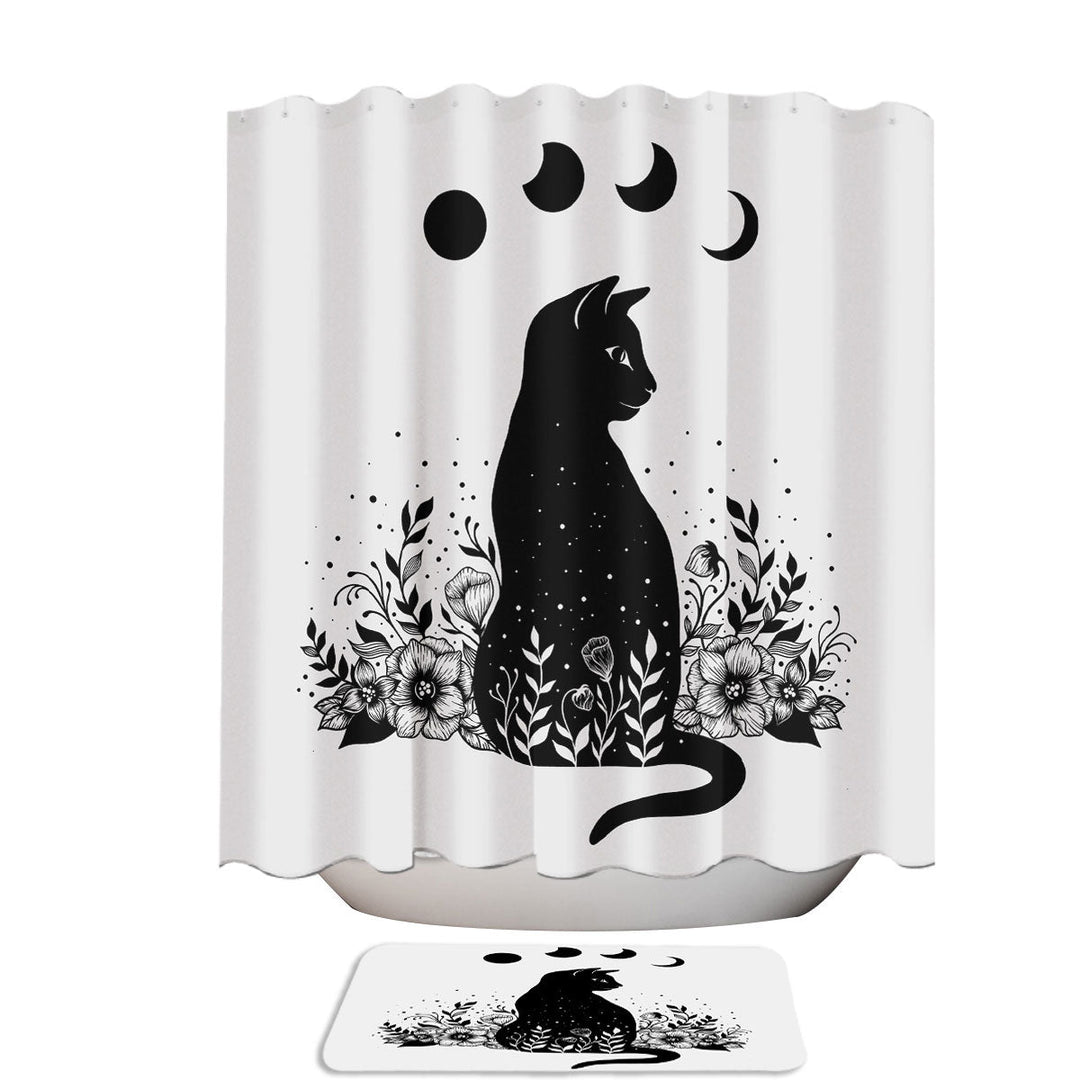 Black and White Night Garden Cat Fabric Shower Curtain
