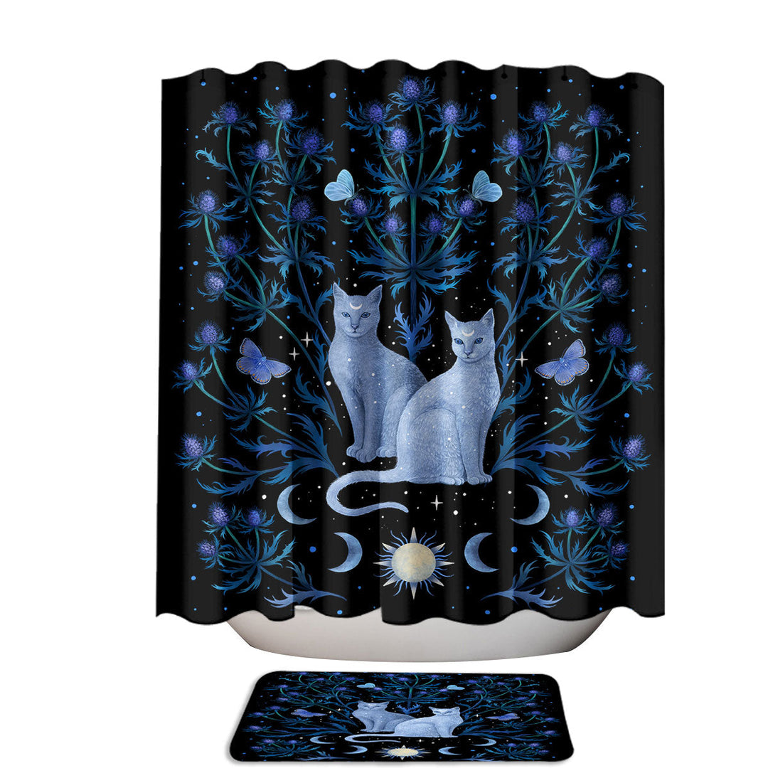 Blue Thistle and Cats Shower Curtain