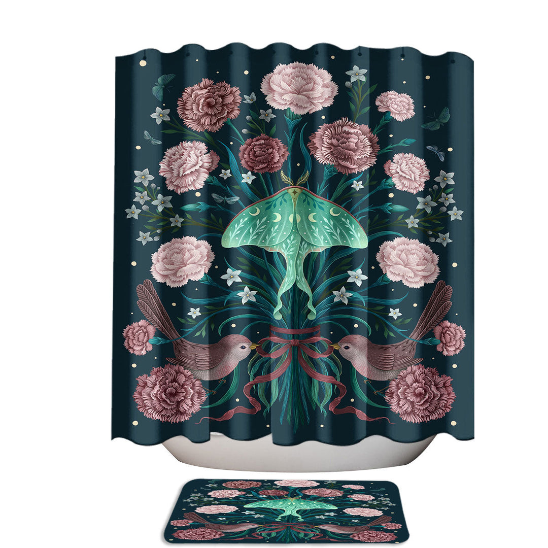 Carnation Flower Birds and Luna Moth Shower Curtains