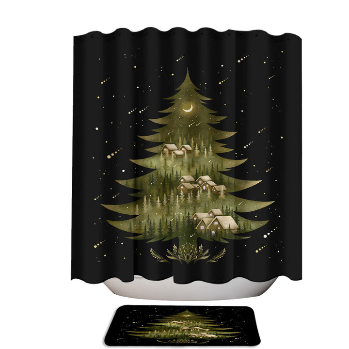 Christmas Tree Village at Night Extra Long Shower Curtain