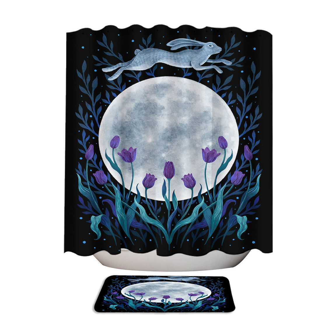 Easter Moon Bunny and Tulips Cool Shower Curtains