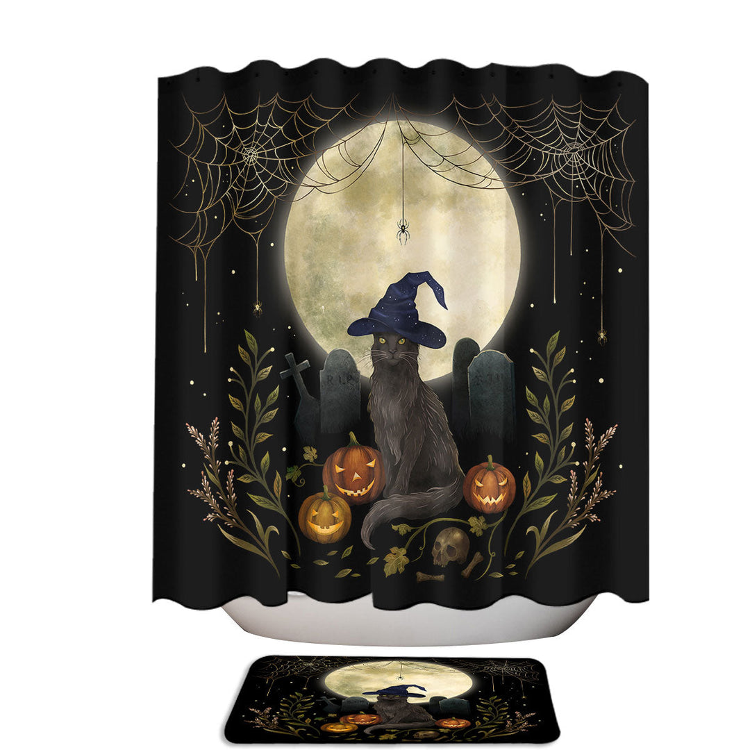 Halloween Night Cat Spider and Moon Shower Curtains