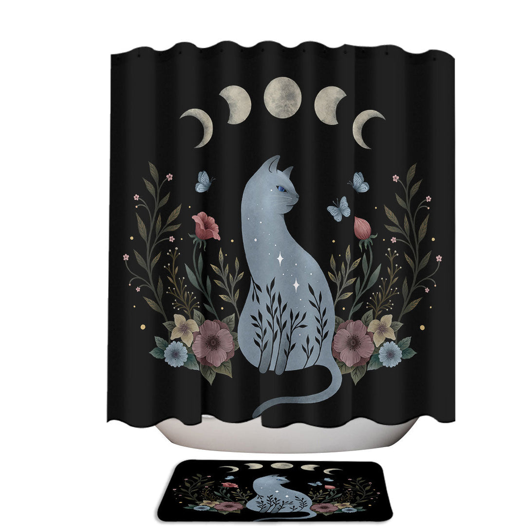 Night Garden Cat and Moon Fabric Shower Curtain