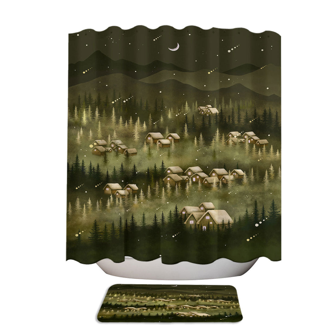Night Village in the Forest Fabric Shower Curtain