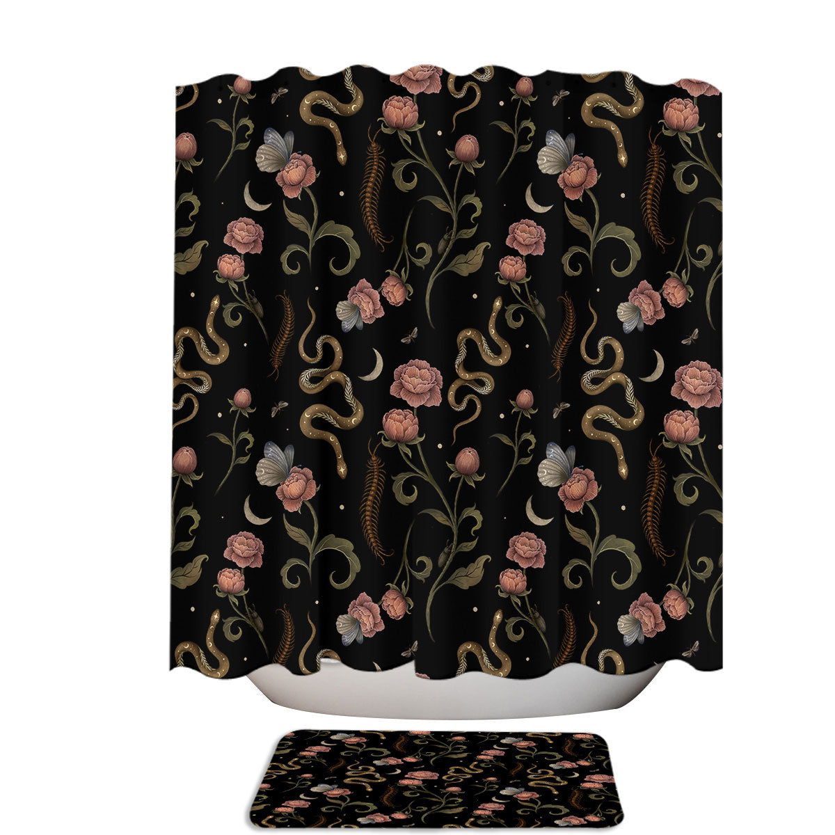 Serpentine Pink Roses Snakes Centipedes and Moths Shower Curtain ...
