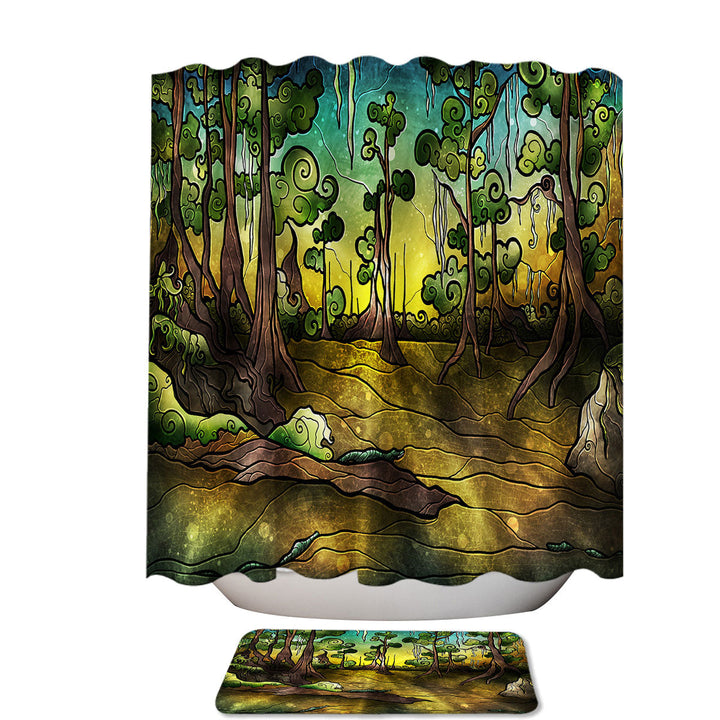 Stained Glass Art Alligator Swamp Forest Modern Shower Curtains