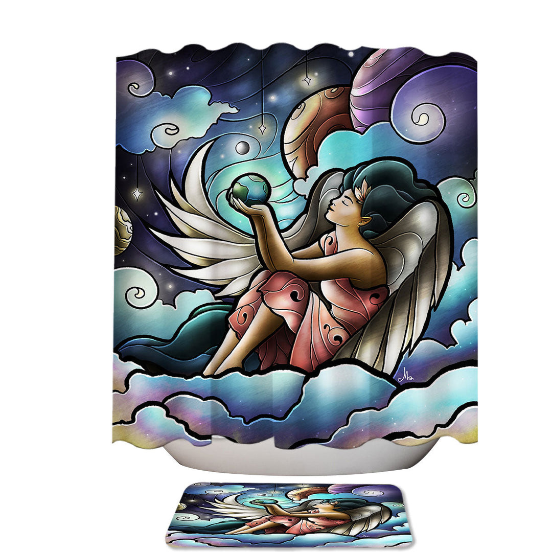 Stained Glass Art Angel of the Milky Way Galaxy Shower Curtains