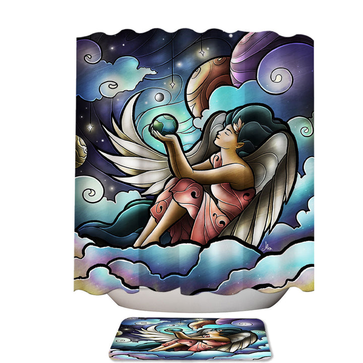 Stained Glass Art Angel of the Milky Way Galaxy Shower Curtains