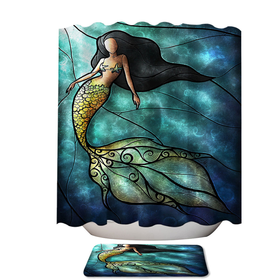 Stained Glass Art Beautiful Underwater Mermaid Fabric Shower Curtain