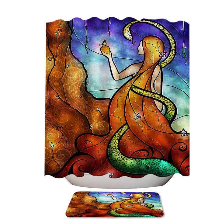 Stained Glass Art Biblical Eve and Serpent Genesis Fabric Shower Curtain