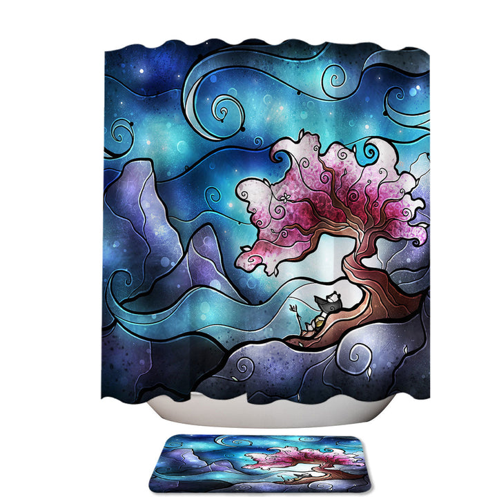 Stained Glass Art Blue Sky Cherry Blossom Unique Shower Curtains