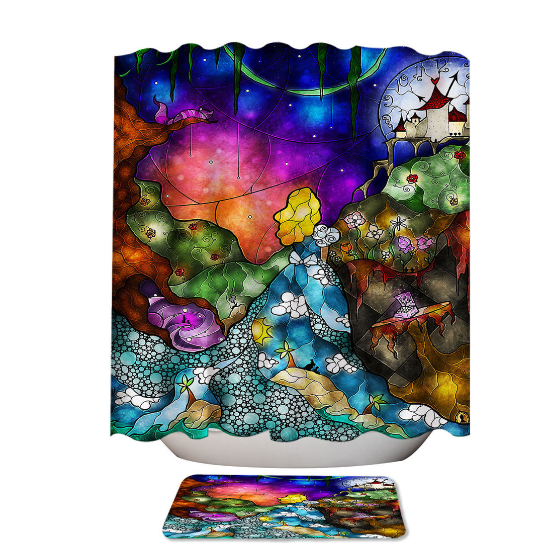 Stained Glass Art Fairy Tale Alice Off to Wonderland Shower Curtains