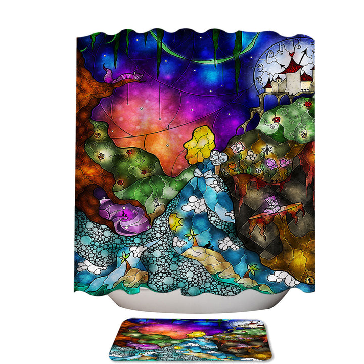 Stained Glass Art Fairy Tale Alice Off to Wonderland Shower Curtains