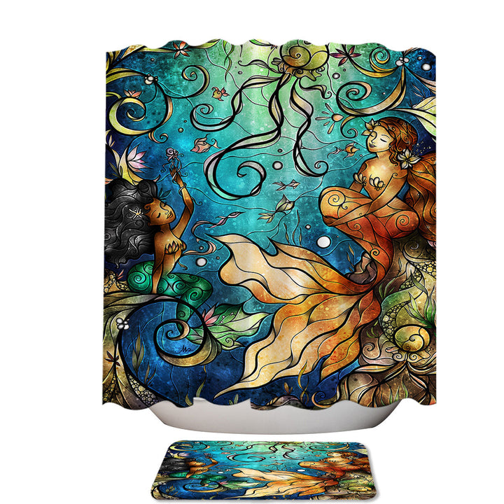 Stained Glass Art Friends Under the Sea Mermaids Shower Curtain