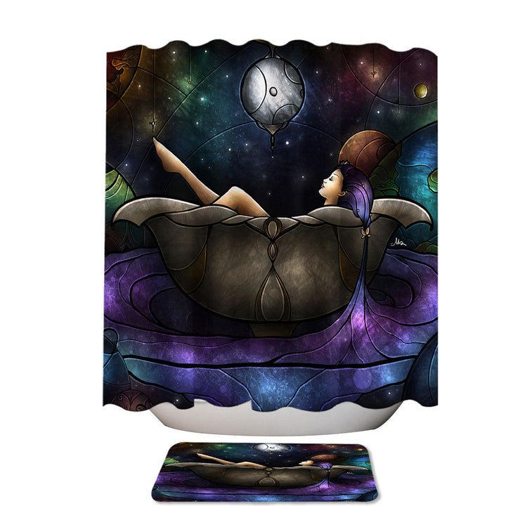 Stained Glass Art Girl Bathing in Space Modern Shower Curtains