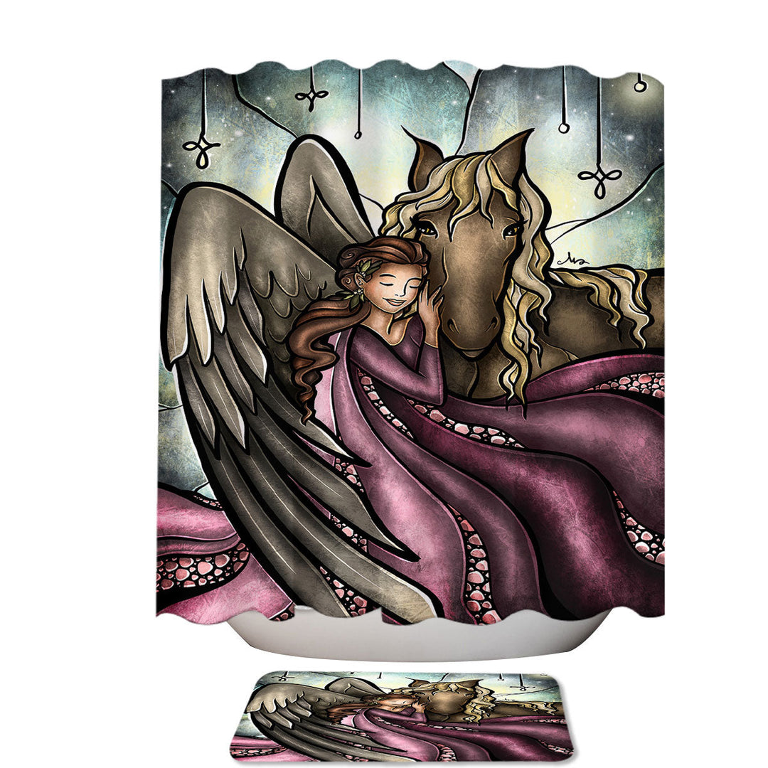 Stained Glass Art Horses go to Heaven Angel Extra Long Shower Curtain