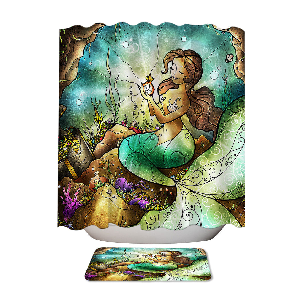 Stained Glass Art Jades Treasures Underwater Mermaid Fun Shower Curtains