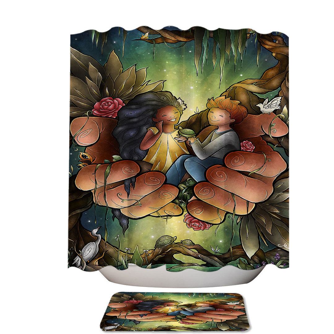 Stained Glass Art Love One Another Tropical Jungle Extra Long Shower Curtain