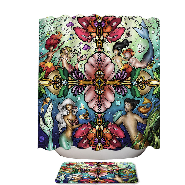 Stained Glass Art Matchmaker Maze Mermaids World Extra Long Shower Curtain