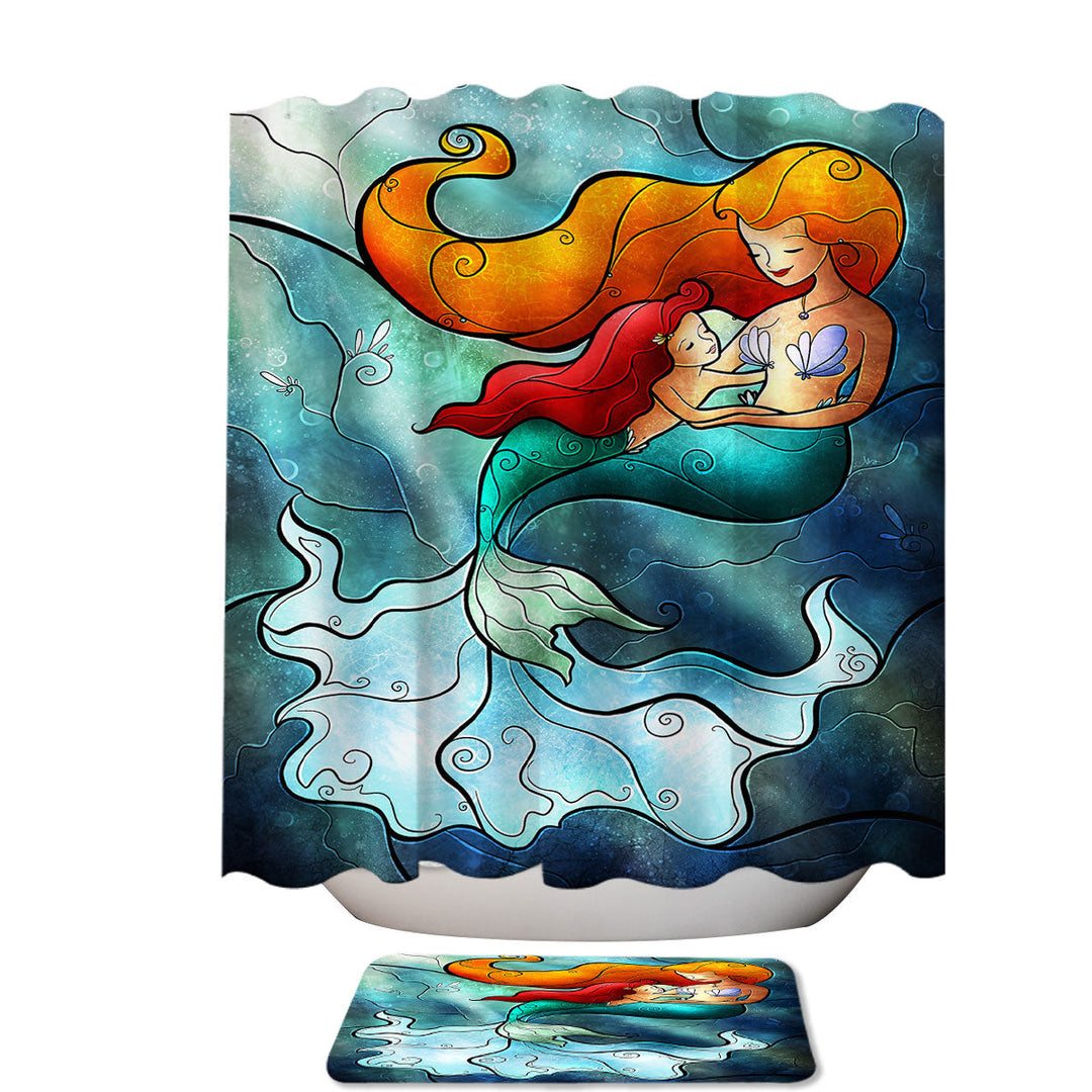Stained Glass Art Mother and Daughter Love Mermaid Cool Shower Curtains