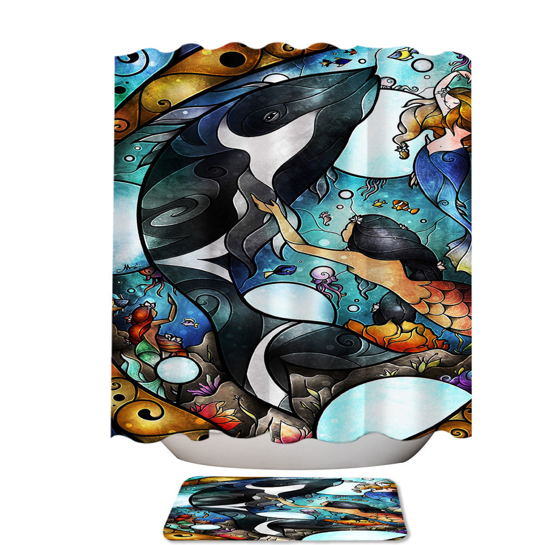 Stained Glass Art Orca Whale and Mermaids Stall Shower Curtain