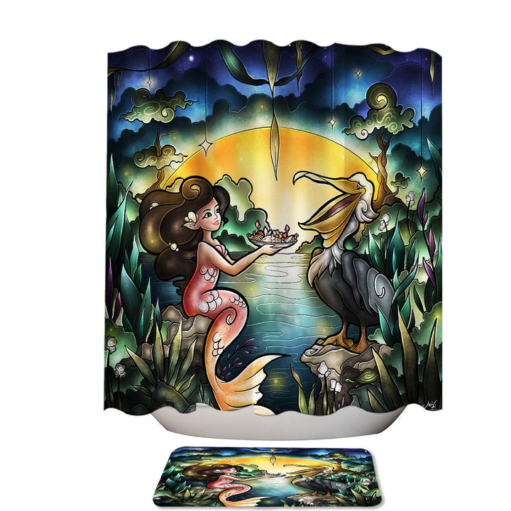 Stained Glass Art Pelican and Mermaid Cool Shower Curtains