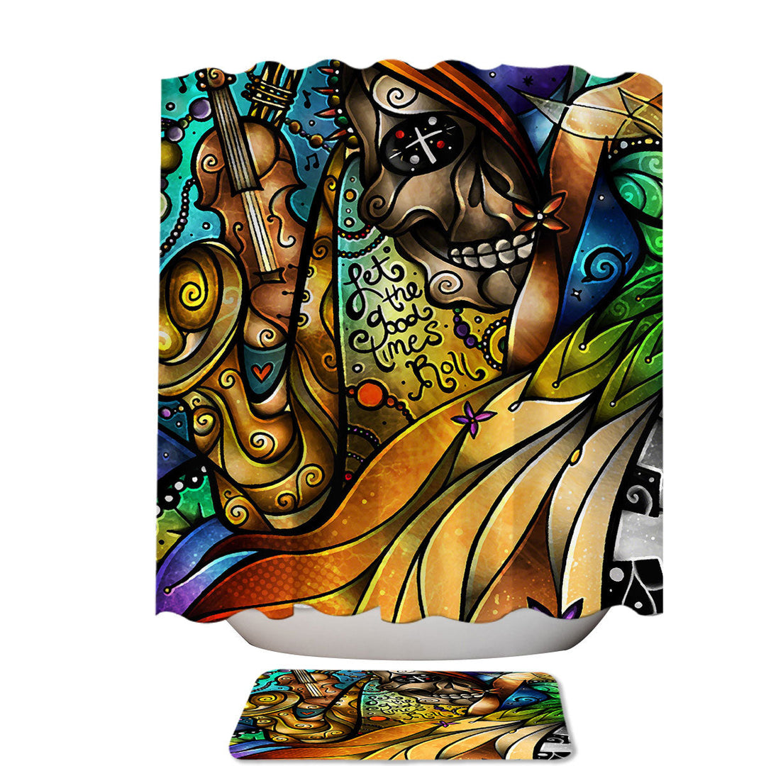 Stained Glass Art Skull and Music Day of the Dead Fabric Shower Curtain