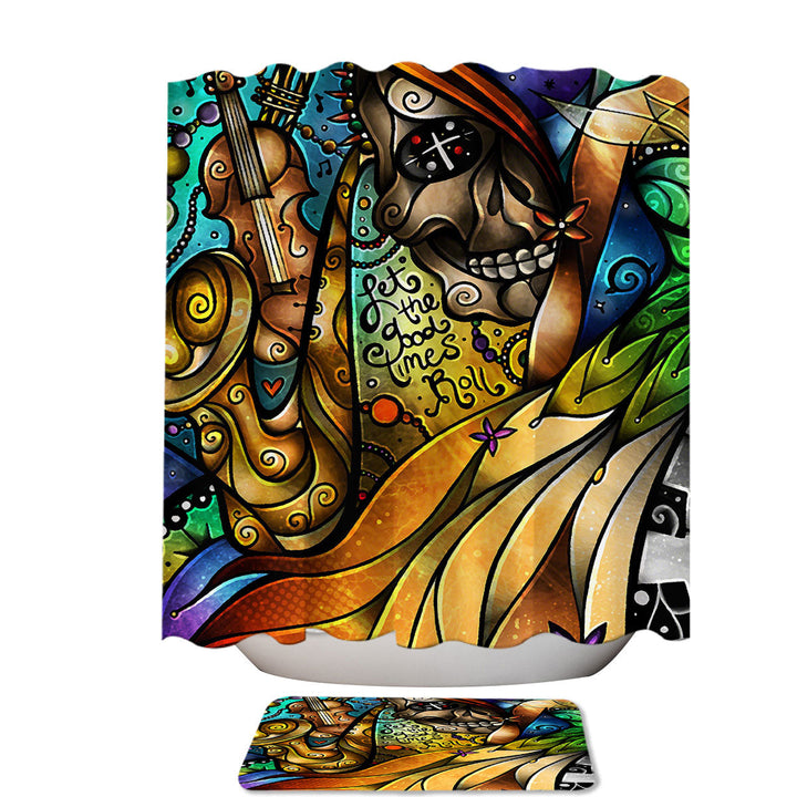 Stained Glass Art Skull and Music Day of the Dead Fabric Shower Curtain